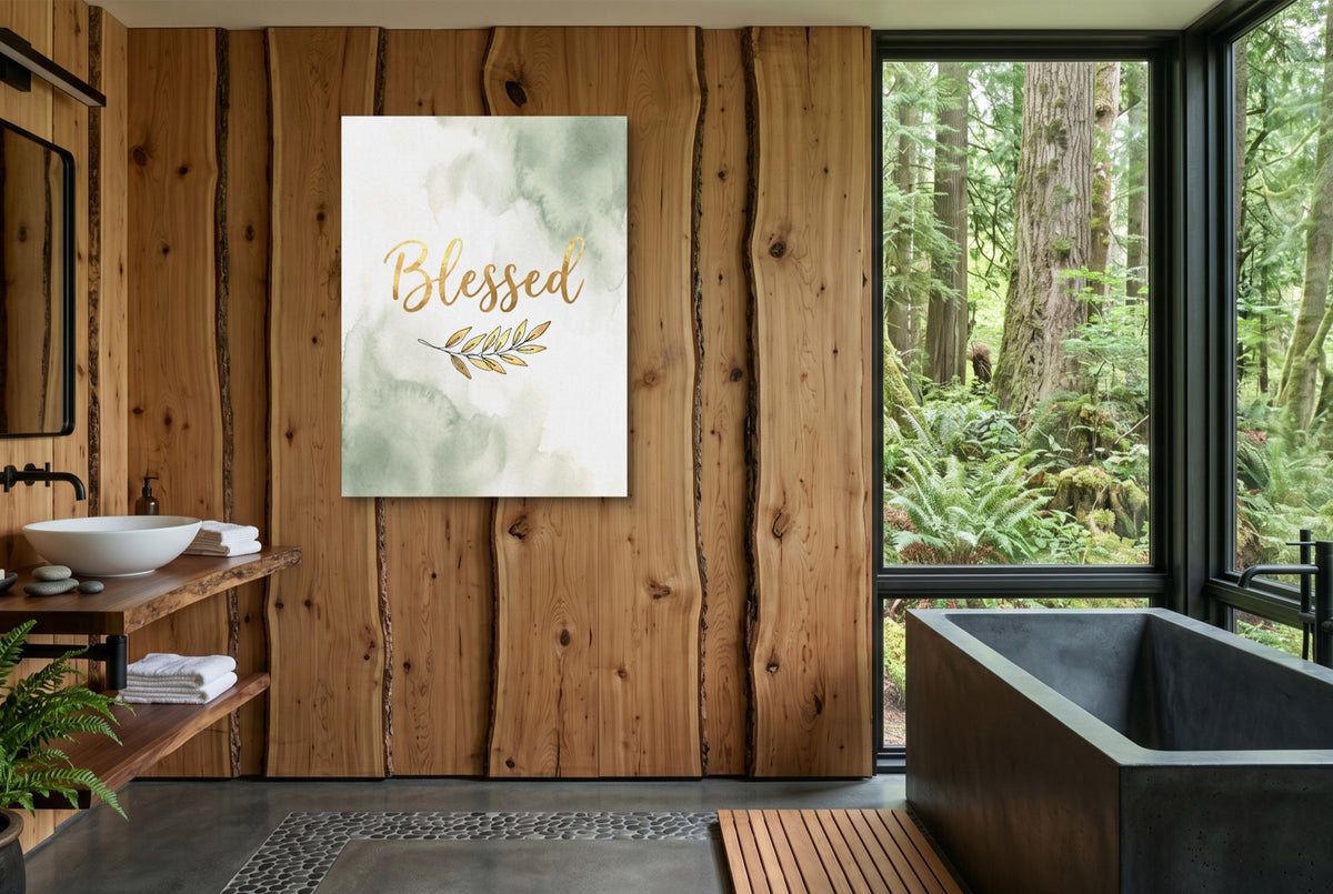 Blessed Golden Script — blessed golden script wooden bathroom with window 1port flush print