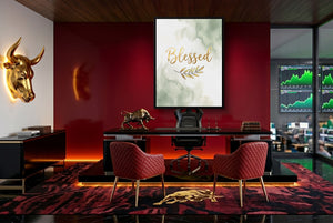 Blessed Golden Script — blessed golden script office with red carpet 1port framed black