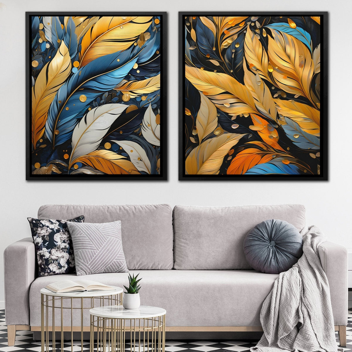Blue and Gold Feathers (2) Set - Luxury Wall Art