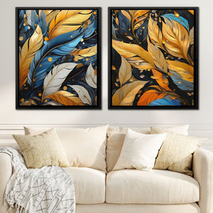 Blue and Gold Feathers (2) Set - Luxury Wall Art