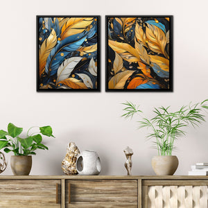 Blue and Gold Feathers (2) Set - Luxury Wall Art