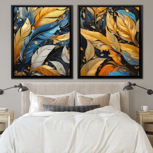 Blue and Gold Feathers (2) Set - Luxury Wall Art