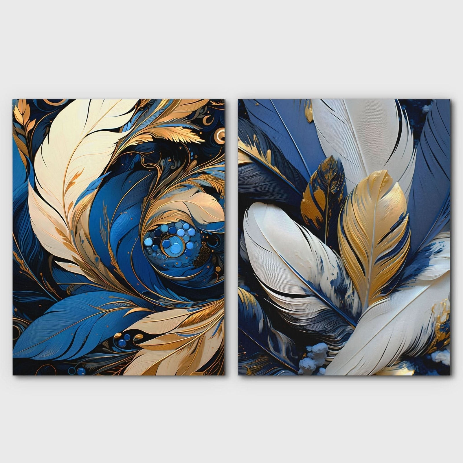 Blue and White Feathers (2) Set - Feathers Canvas Wall Art