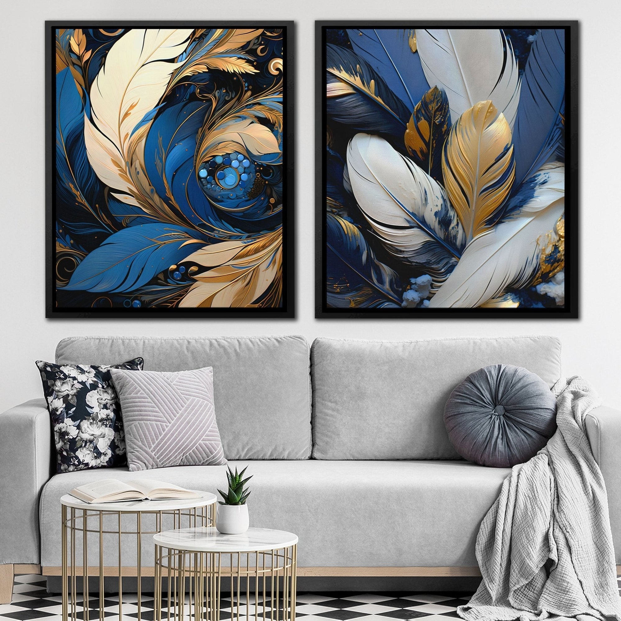 Blue and White Feathers (2) Set - Luxury Wall Art