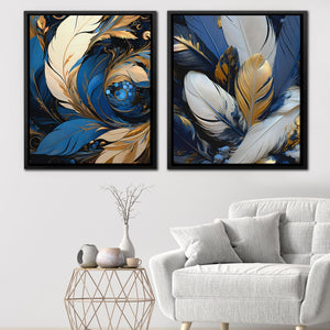 Blue and White Feathers (2) Set - Luxury Wall Art