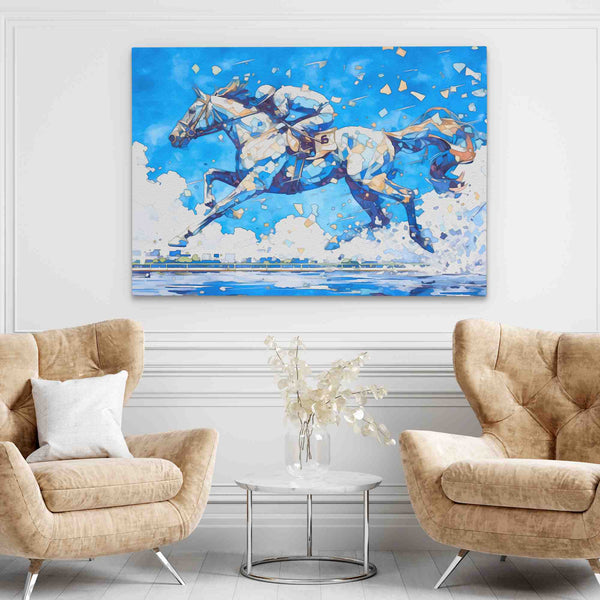 Blue Horse Racing Impressionist Racehorse Artwork - Luxury Wall Art