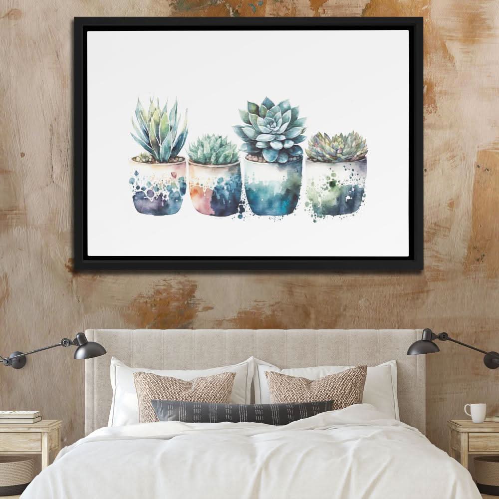 Blue Shades Succulents - Watercolor Blue Canvas Wall Art