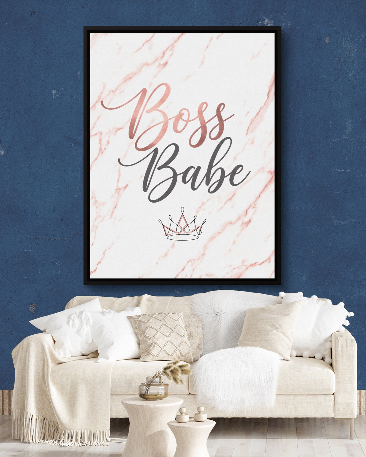 Boss Babe Pink Marble — boss babe pink marble psd navy wall white lux couch 1port framed black
