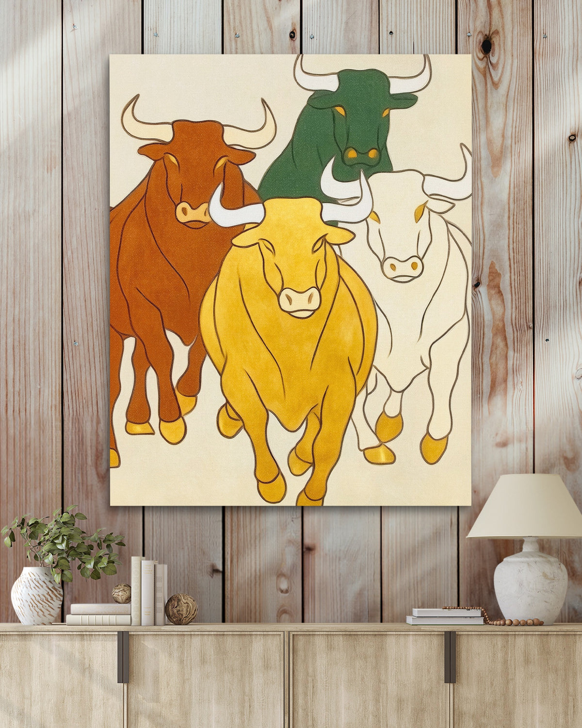 Brazen Bulls Striding — Brazen Bulls Striding Wood Walls With Table 324