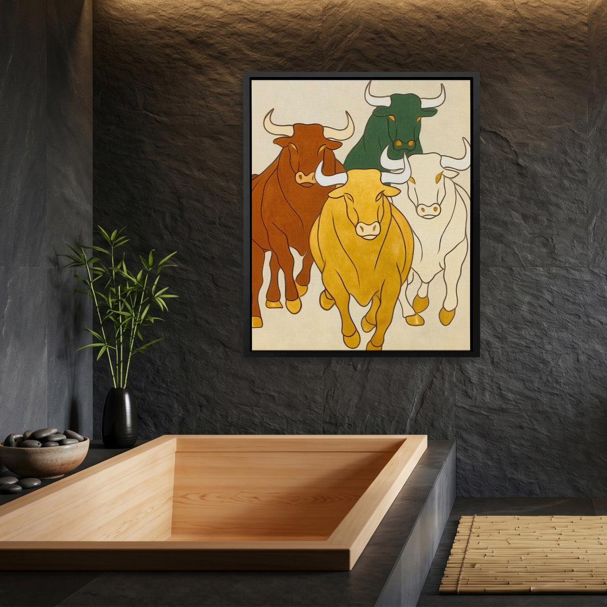Brazen Bulls Striding — Brazen Bulls Striding Bamboo Bathroom Port 60