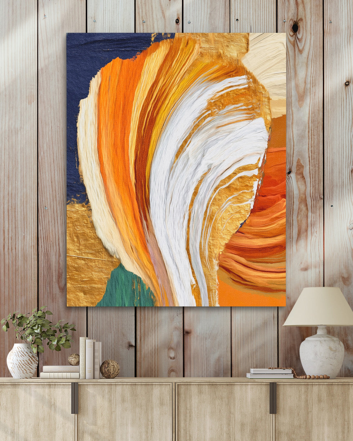 Brushstroke Orange Swirl — Brushstroke Orange Swirl Wood Walls With Table 325