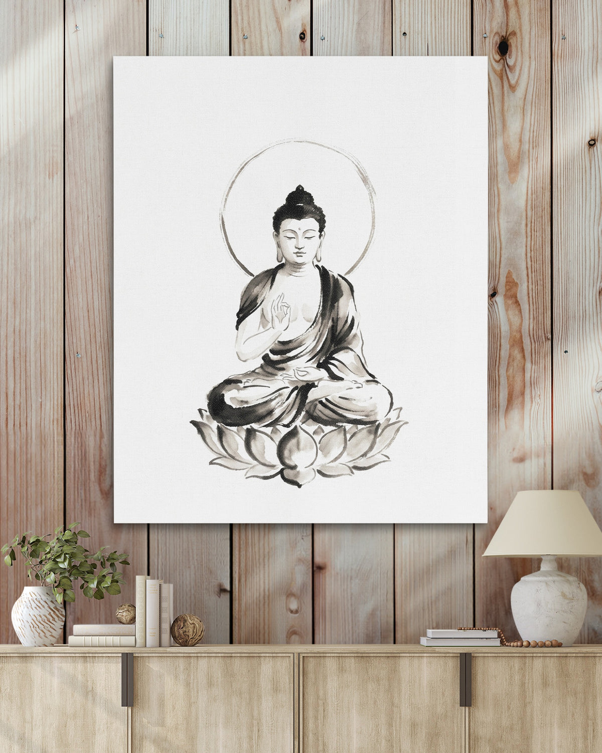 Buddha Ink Wash — Buddha Ink Wash Wood Walls With Table 328