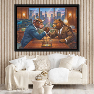 Bull Bear Office Arm Wrestle canvas wall art, room view