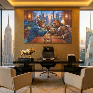 Bull Bear Office Arm Wrestle canvas wall art, room view