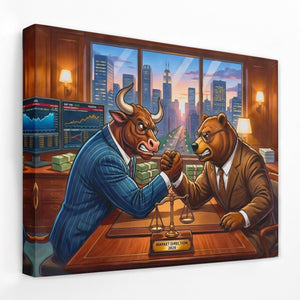 Bull Bear Office Arm Wrestle canvas wall art
