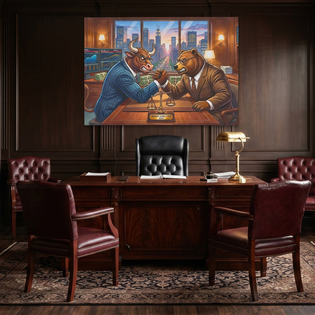 Bull Bear Office Arm Wrestle canvas wall art, room view