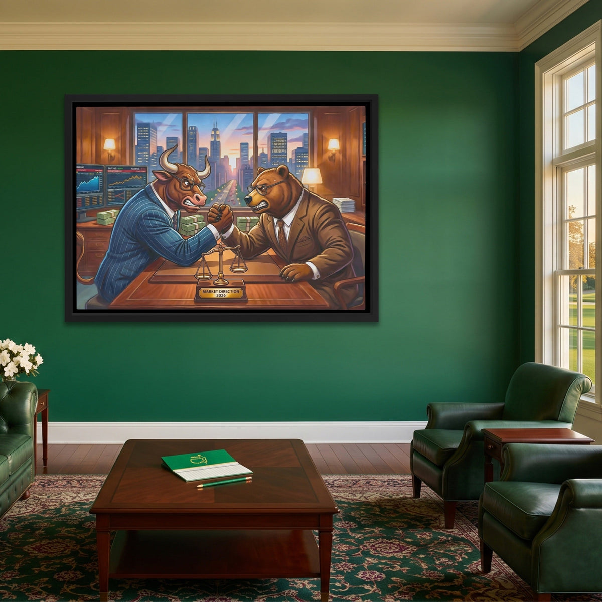 Bull Bear Office Arm Wrestle canvas wall art, room view