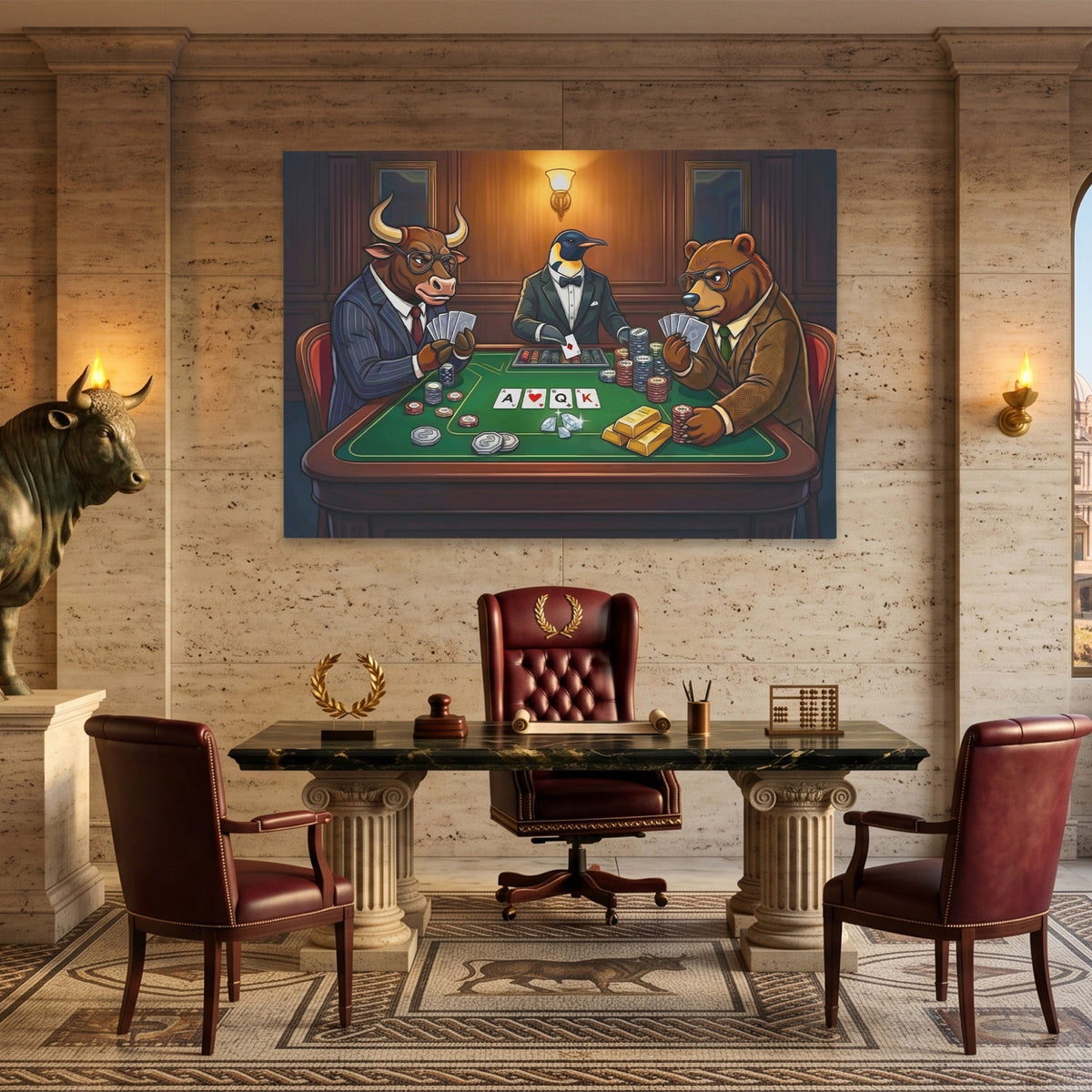 Bull Bear Poker Room canvas wall art, room view
