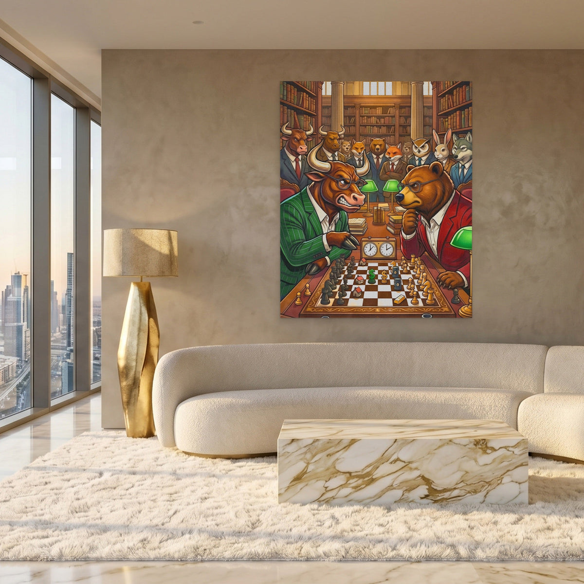 Bull V Bear Chess Match canvas wall art, room view