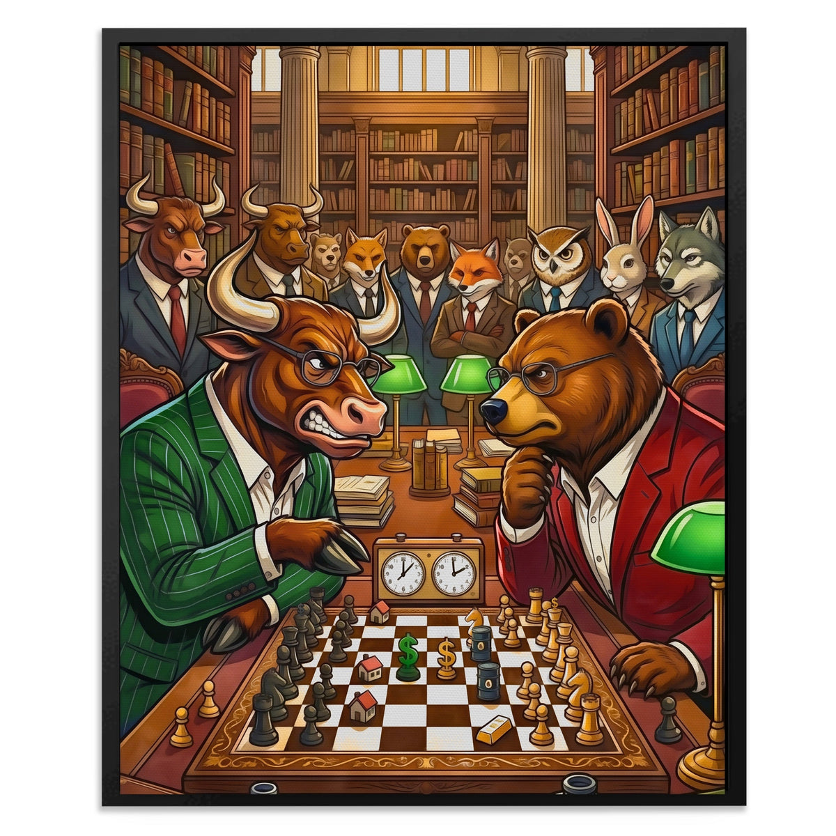 Bull V Bear Chess Match canvas wall art, room view