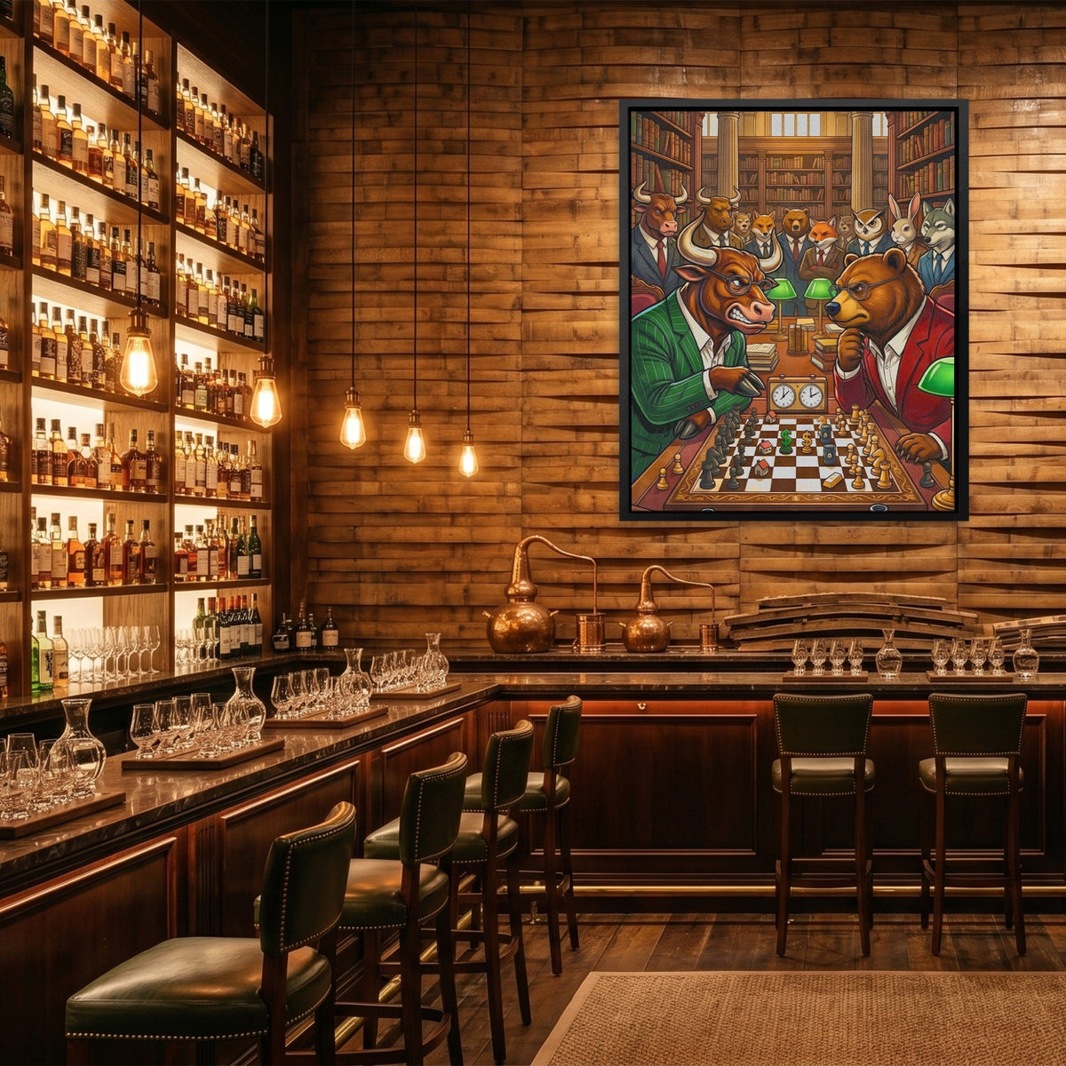 Bull V Bear Chess Match canvas wall art, room view