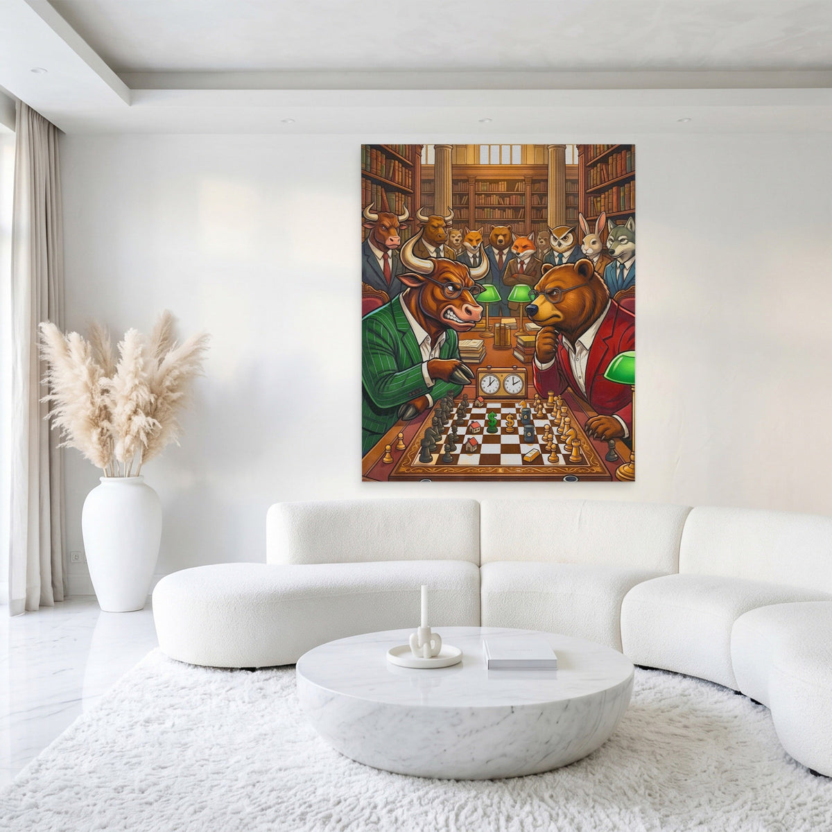 Bull V Bear Chess Match canvas wall art, room view