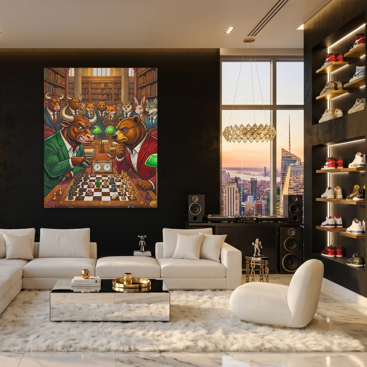 Bull V Bear Chess Match canvas wall art, room view