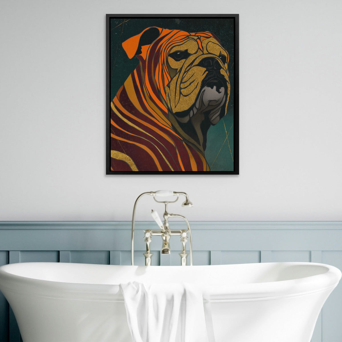 Bulldog Burgundy Nouveau canvas wall art, room view