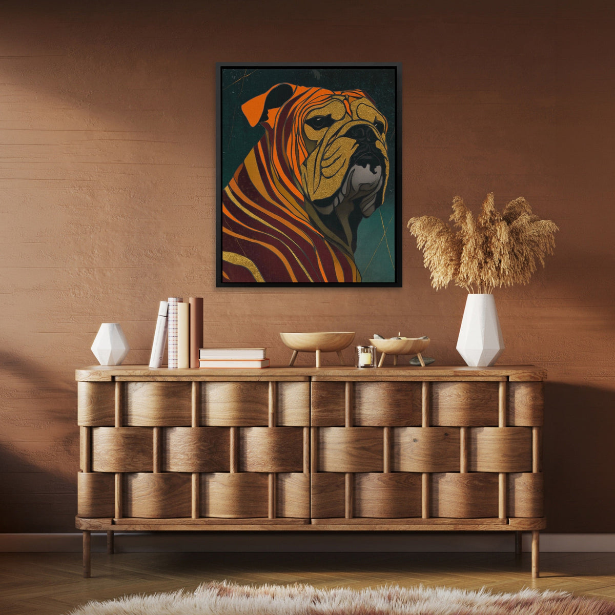 Bulldog Burgundy Nouveau canvas wall art, room view