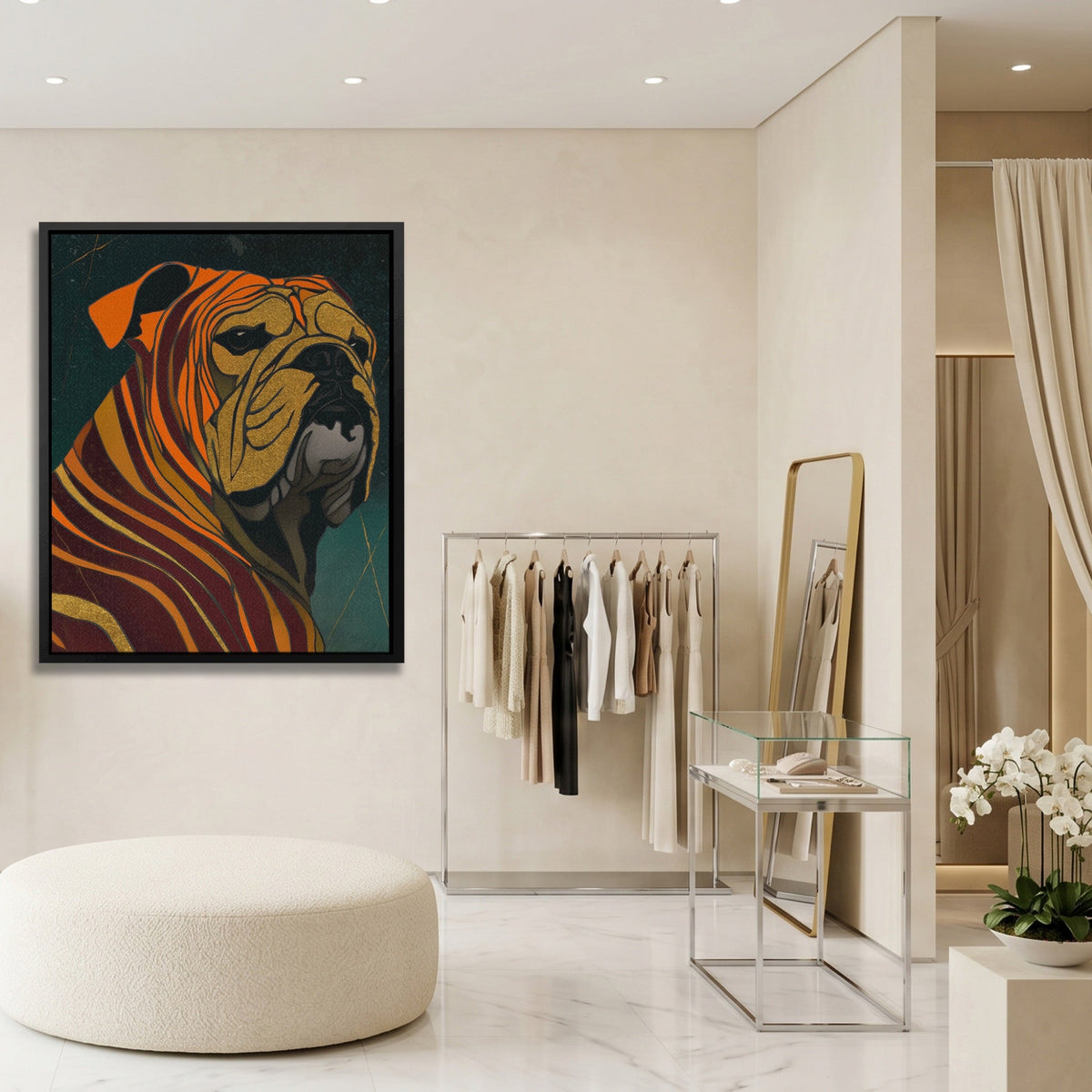 Bulldog Burgundy Nouveau canvas wall art, room view