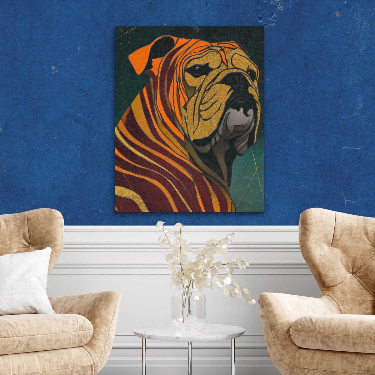 Bulldog Burgundy Nouveau — Bulldog Burgundy Nouveau Two Chairs Blue Walls2 281