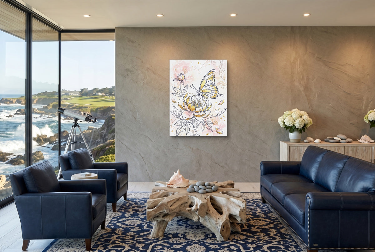 Butterfly Golden Peony — butterfly golden peony living room with ocean view 1port flush print