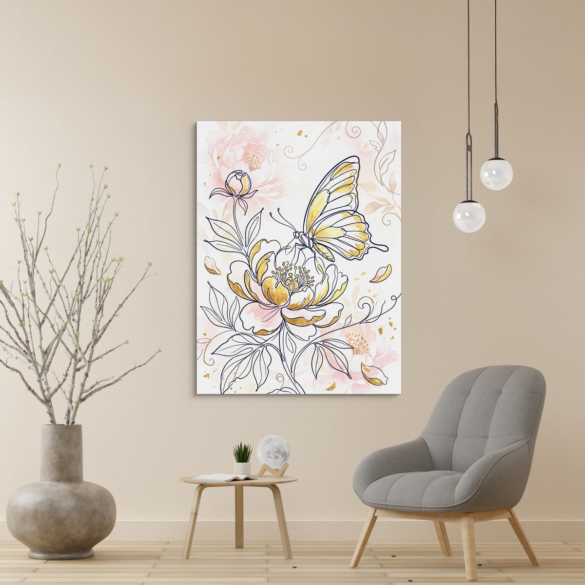 Butterfly Golden Peony — butterfly golden peony sq beige wall 1port flush print