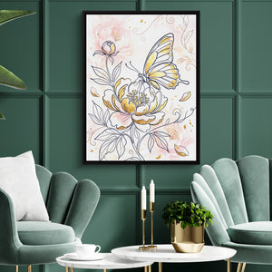 Butterfly Golden Peony — butterfly golden peony sq green luxury rom 1port framed black