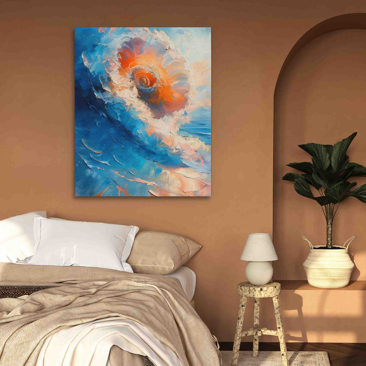 a bedroom with a bed and a painting on the wall