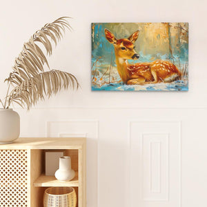 a painting of a deer is hanging on a wall