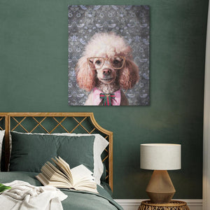 a bedroom with a bed and a painting of a poodle