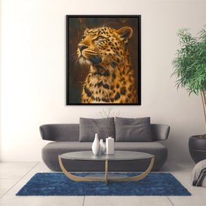 a living room with a couch and a painting of a leopard