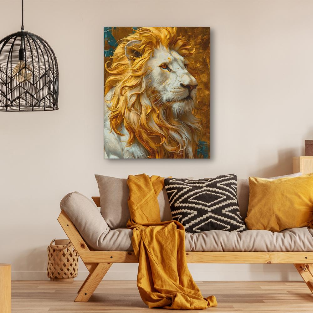 a painting of a white lion with long hair