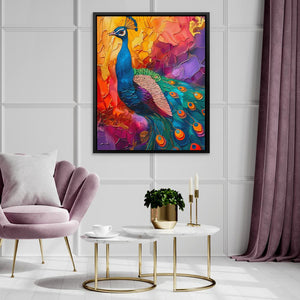 a painting of a peacock on a white wall