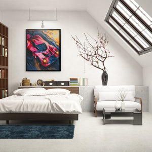 a bedroom with a bed, a couch and a book shelf