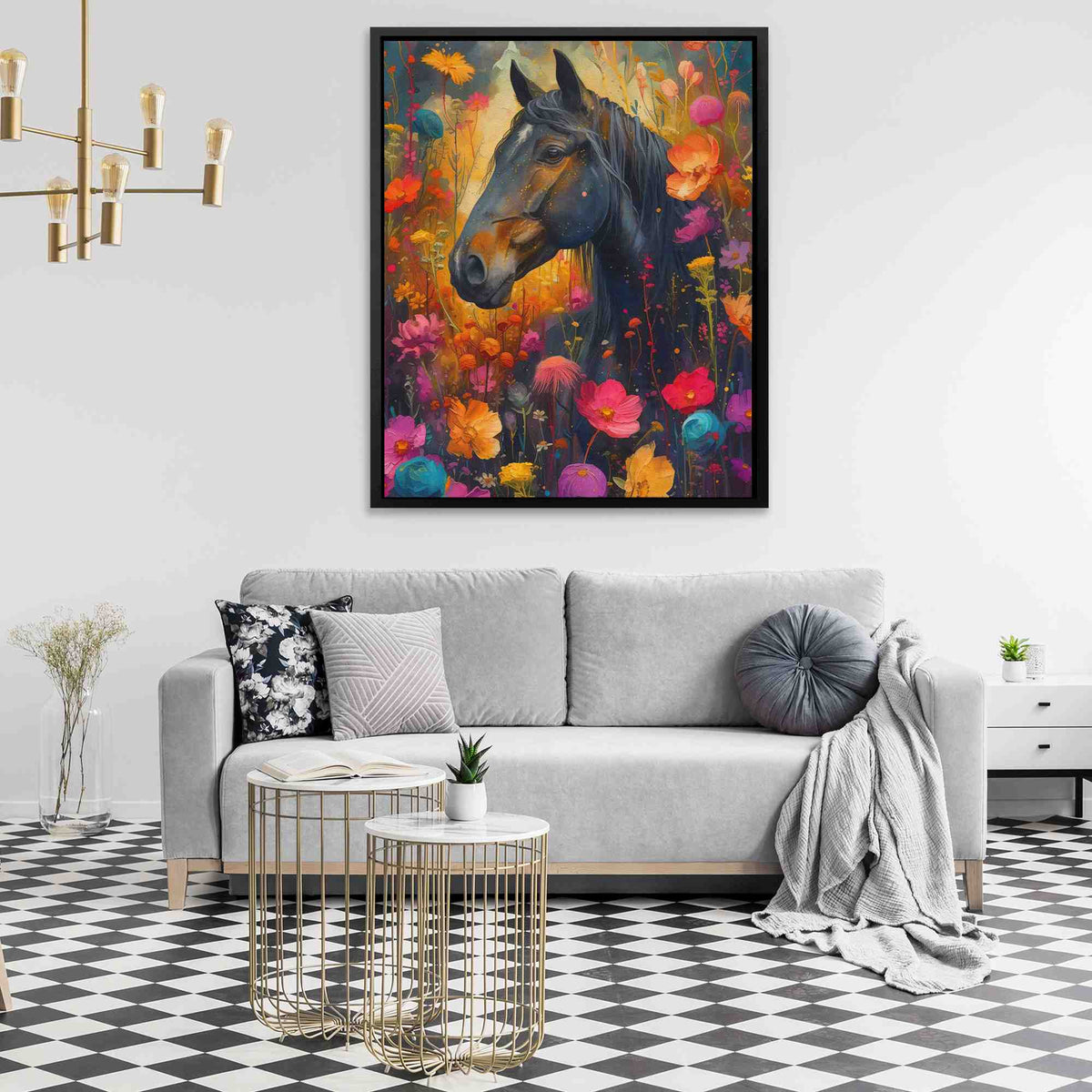 a living room with a couch and a painting on the wall