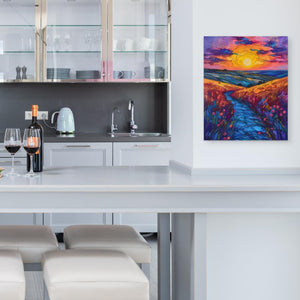 a painting of a sunset in a kitchen