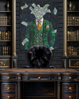 a painting of a man in a green suit sitting at a desk