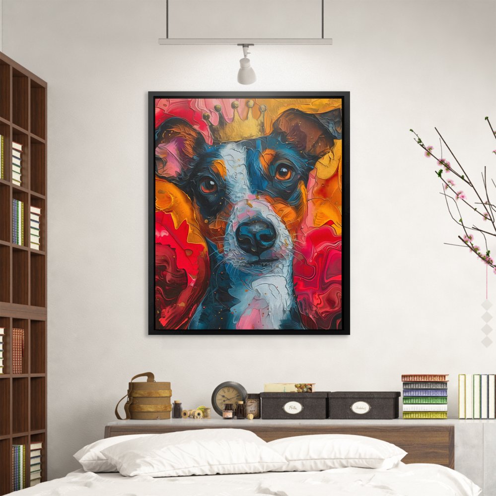 a painting of a dog with a crown on it's head