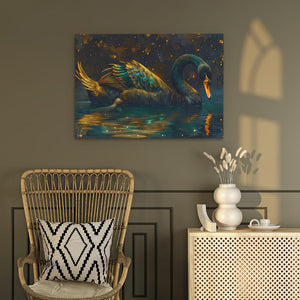 a painting of a couple of swans floating on top of a lake