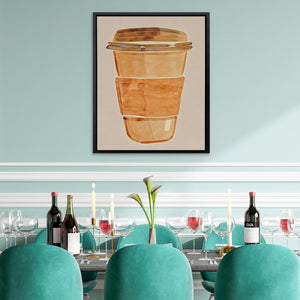 a painting of a glass of wine on a wall above a dining room table