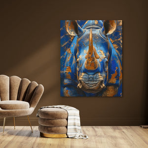 a painting of a rhino on a wall next to a chair