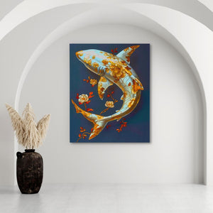 a painting of a gold fish on a blue background