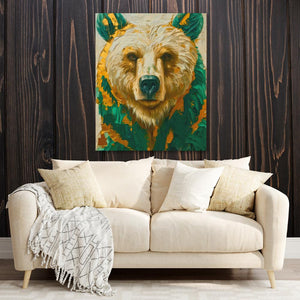 a living room with a couch and a painting of a bear